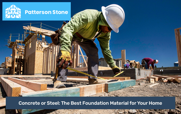 Workers installing steel beams for foundation construction